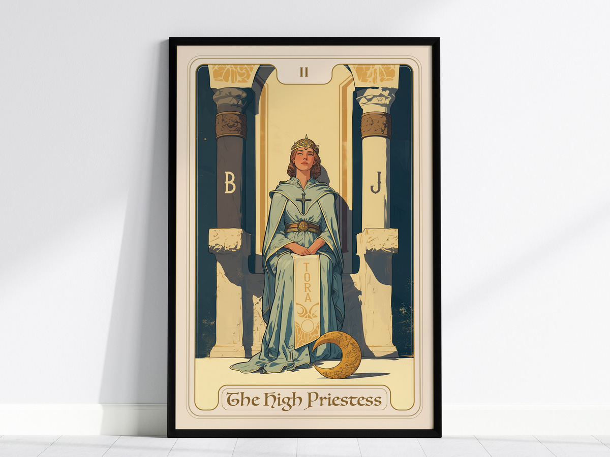 A beautifully illustrated tarot card titled The High Priestess, featuring a seated woman in a flowing blue robe, adorned with a crown and holding a scroll.