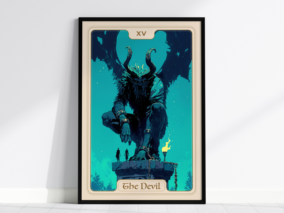 A vibrant illustration of a large, horned figure representing The Devil, seated on a pedestal. The background features a mystical blue-green gradient, while small silhouettes of people stand at the base, adding a sense of scale.