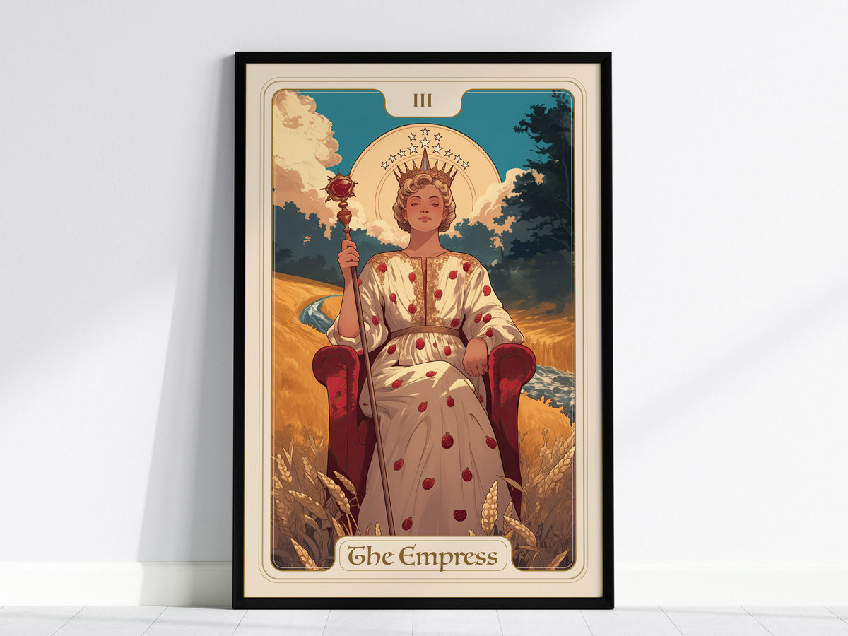 A colorful illustration of a regal woman seated on a red throne, wearing a white gown adorned with red hearts. She holds a rose in one hand, with a golden crown on her head, surrounded by a lush landscape of fields and a river.