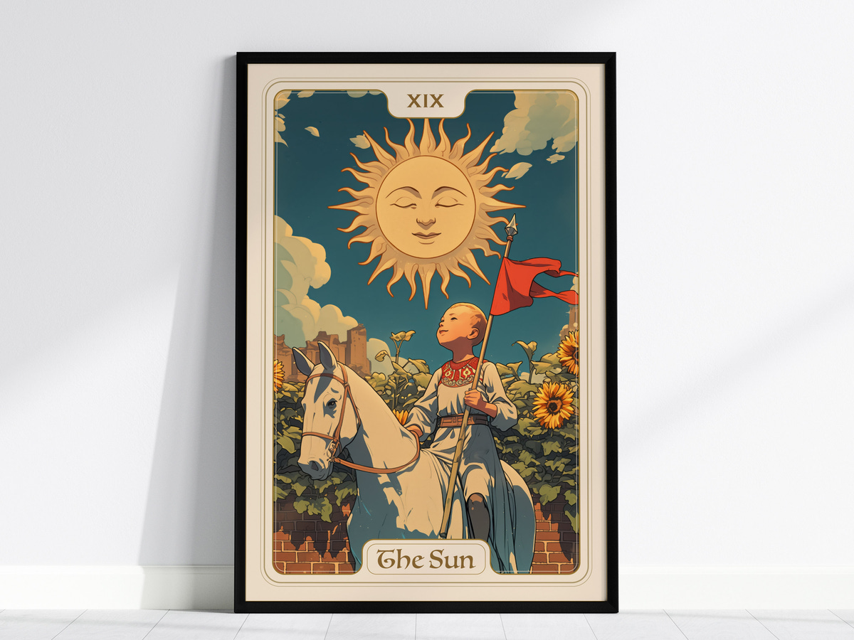 A vibrant illustration of a sun with a smiling face radiating light, set against a backdrop of sunflowers and a blue sky. A figure on a white horse holds a red flag, embodying joy and positivity.