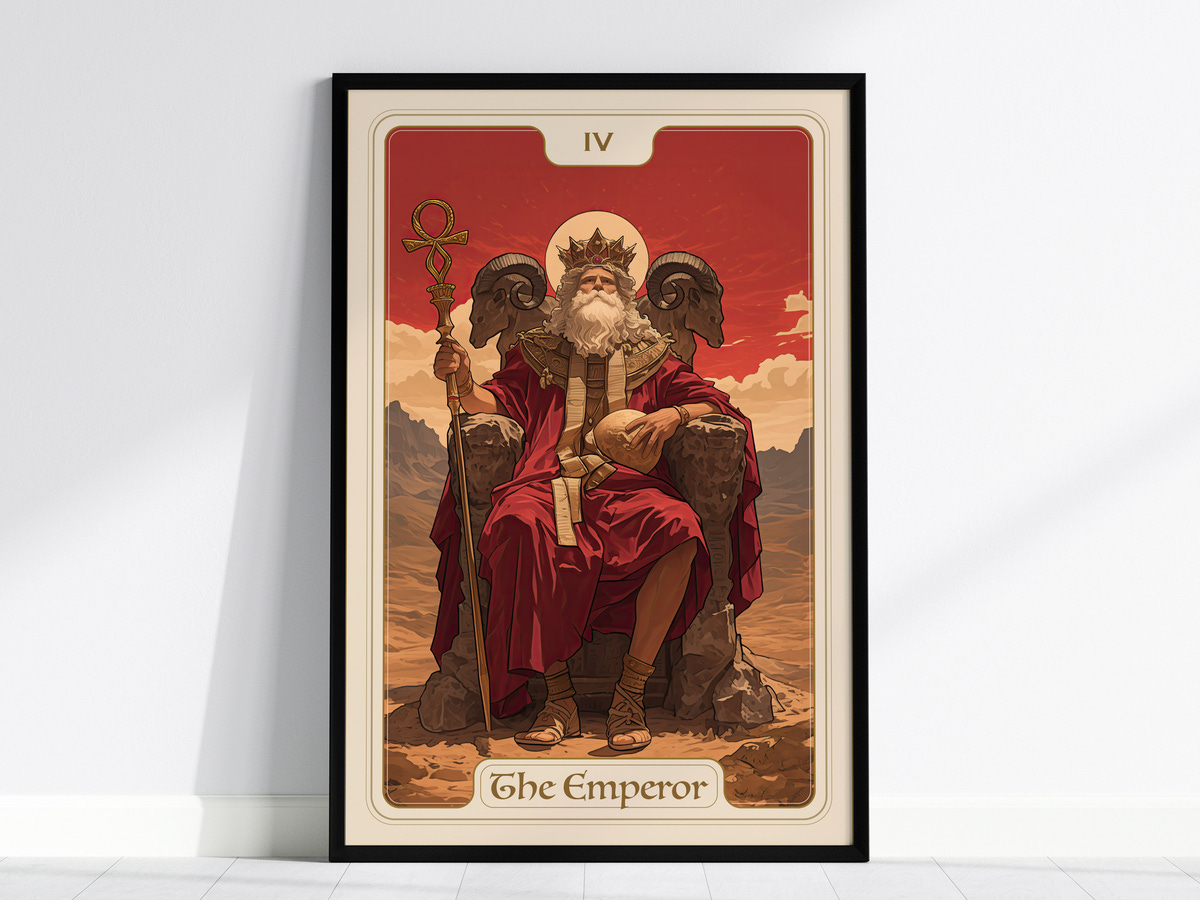 A regal figure sits on a throne, adorned in a flowing red robe and a crown, holding a staff in one hand and a globe in the other. The background features a desert landscape with mountains, creating a majestic and powerful atmosphere.
