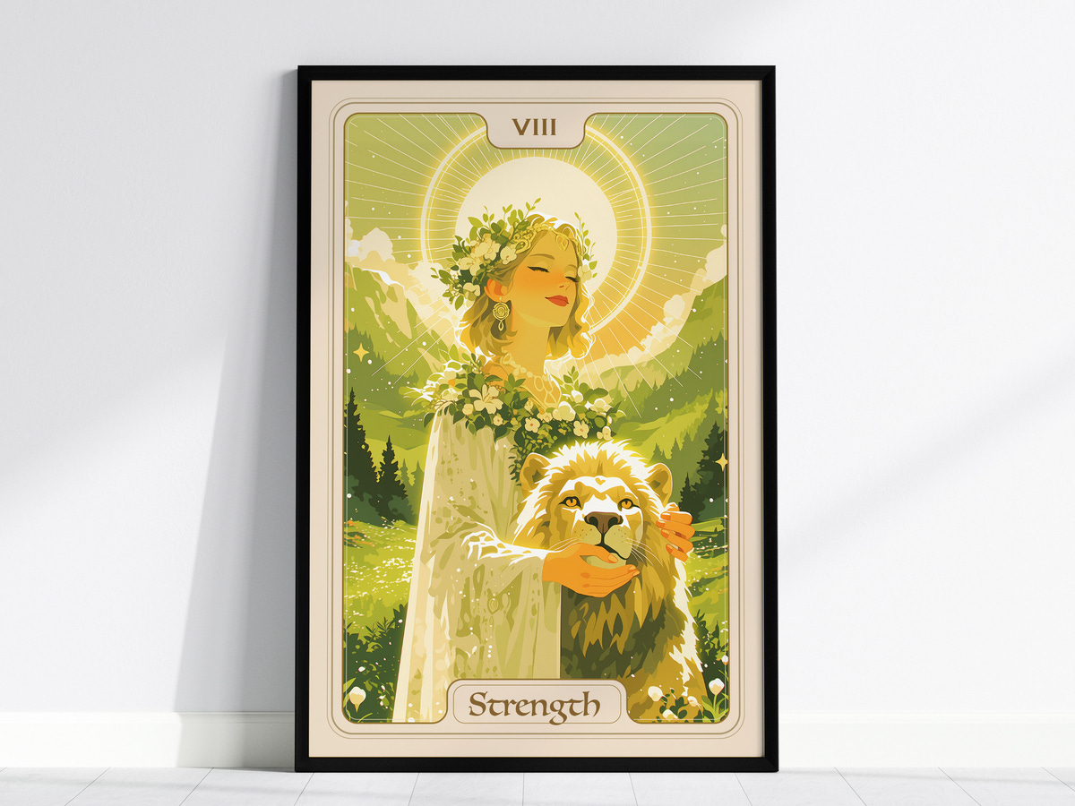 A vibrant illustration featuring a serene woman adorned with flowers, standing in a lush green landscape. She gently holds a lion beside her, with a radiant sun and mountains in the background, symbolizing strength and harmony.