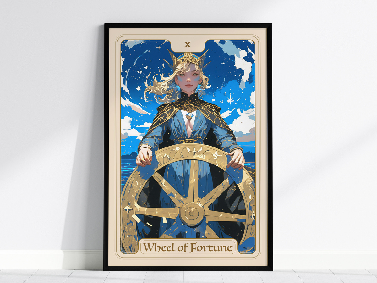 A beautifully illustrated poster featuring a serene woman with flowing hair, wearing a regal outfit, holding a ships wheel against a vibrant blue sky filled with stars. The artwork is framed and titled Wheel of Fortune at the bottom.