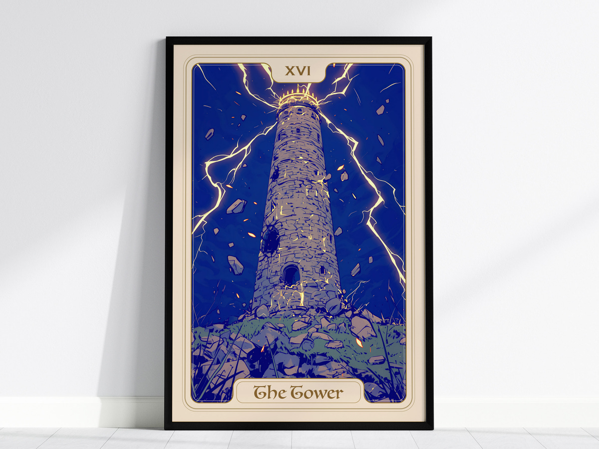 A stylized illustration of a tall, crumbling tower surrounded by jagged rocks, illuminated by bright lightning strikes against a dark blue sky.
