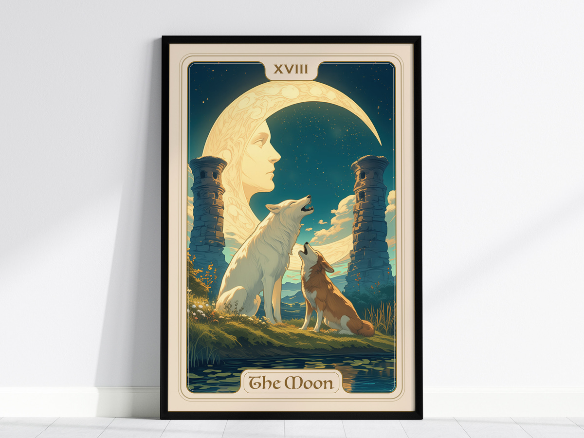 A beautifully illustrated poster titled The Moon, featuring a large crescent moon with a serene face and two wolves howling beneath it. The background showcases a starry night sky, stone pillars, and a tranquil landscape.