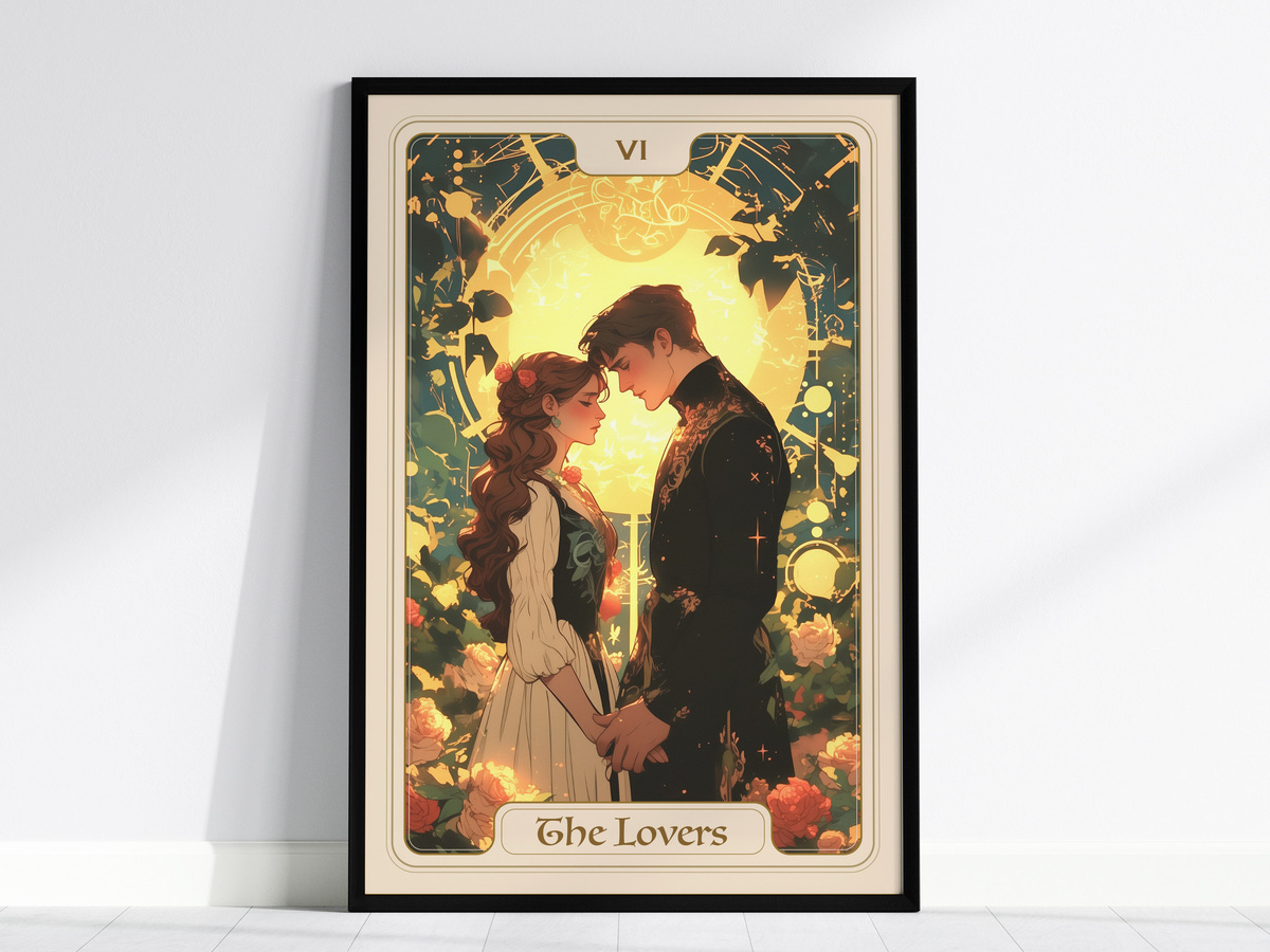 A beautifully illustrated tarot card titled The Lovers, featuring a couple standing close together, holding hands. The background is adorned with lush greenery and blooming roses, illuminated by a soft golden glow.