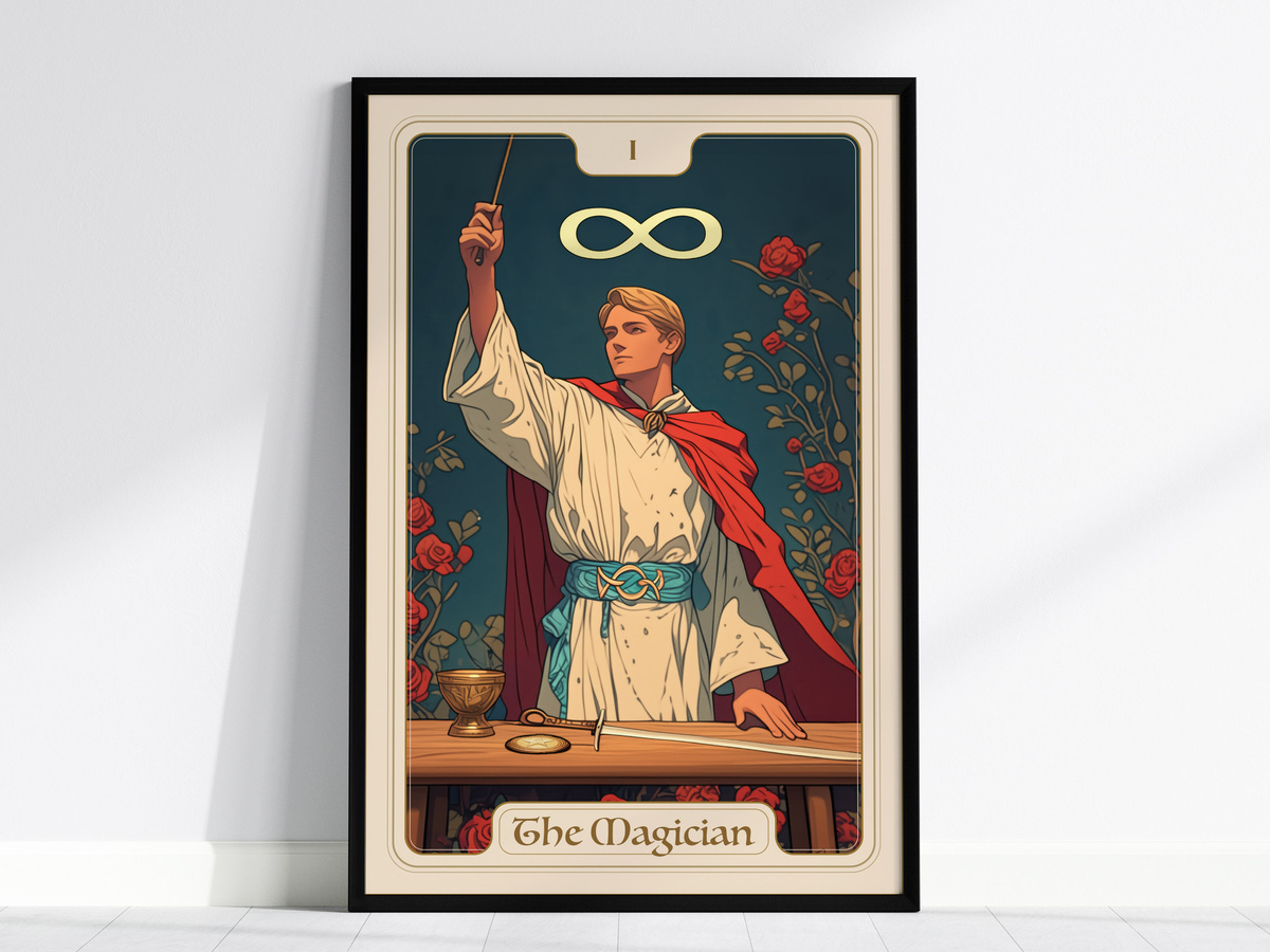 A framed art print titled The Magician features a young man in a white robe and red cape, raising a wand against a dark blue background adorned with roses.