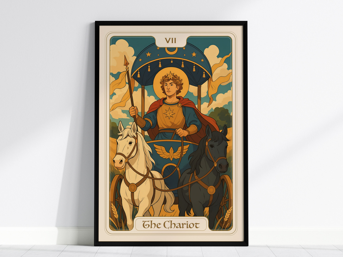 A vibrant illustration of The Chariot card featuring a regal figure holding a golden staff, driving a chariot pulled by a white horse and a black horse.