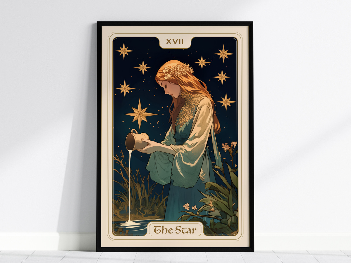 A beautifully illustrated poster featuring a serene woman in a flowing blue gown, pouring water from a vessel under a night sky filled with stars. The design is adorned with floral elements and the title The Star at the bottom.