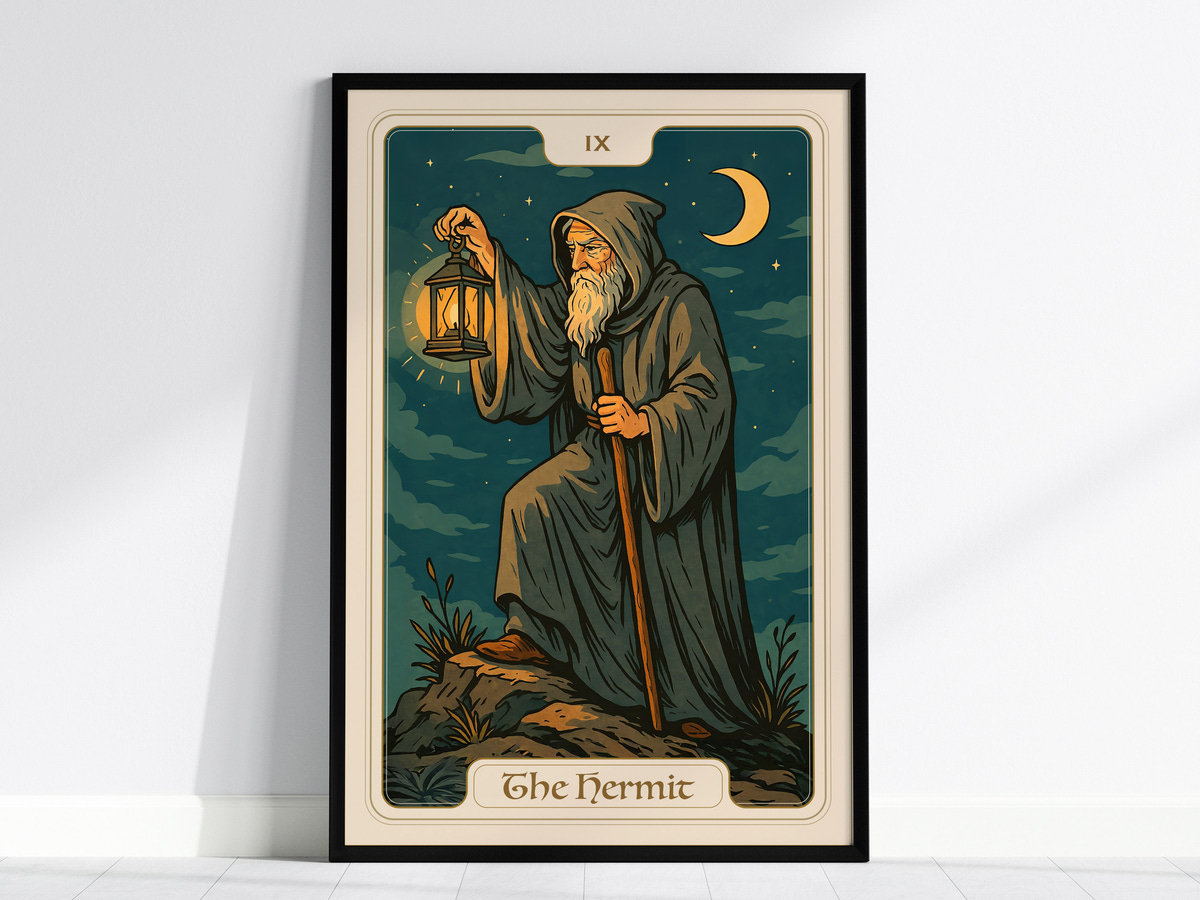 A vintage-style illustration of a wise, bearded figure dressed in a long, flowing robe, holding a lantern in one hand and a staff in the other.