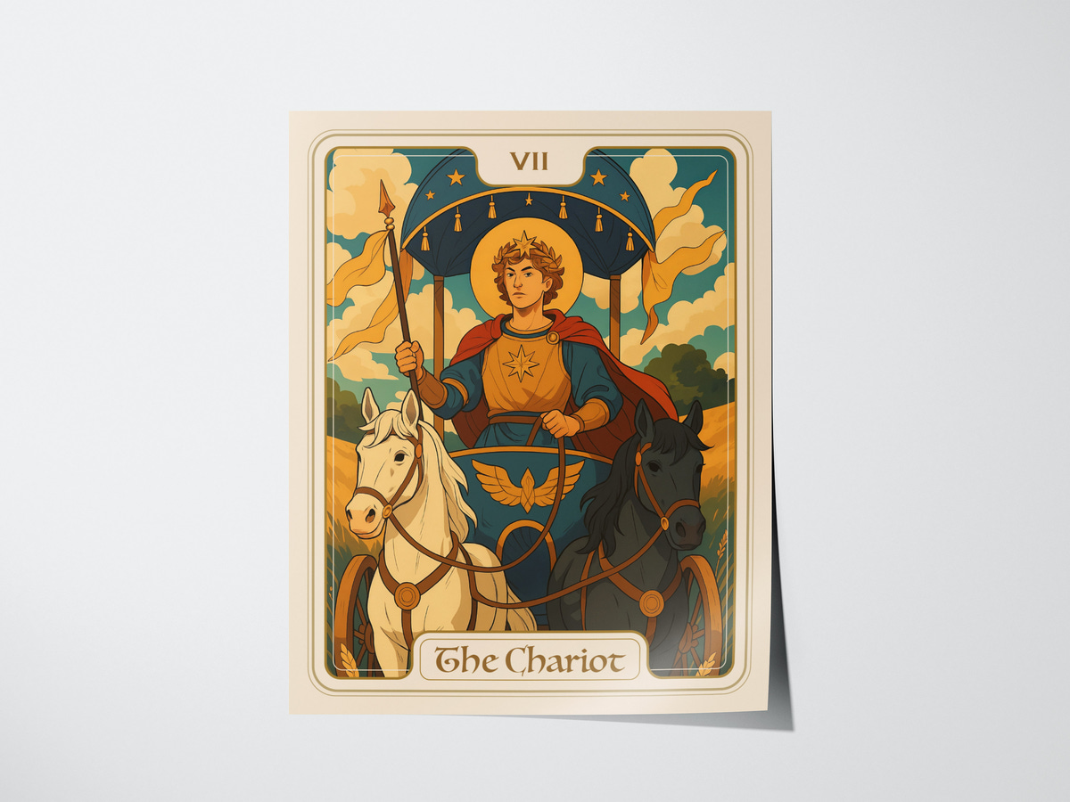 A vibrant illustration of The Chariot tarot card features a regal figure holding a blue canopy adorned with stars, seated between a white and a black horse.