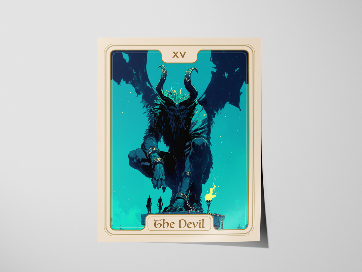A vibrant illustration of a towering figure representing The Devil, adorned with horns and a crown, sitting on a rock. The background features a glowing blue sky, with two silhouetted figures standing below, creating a dramatic contrast.