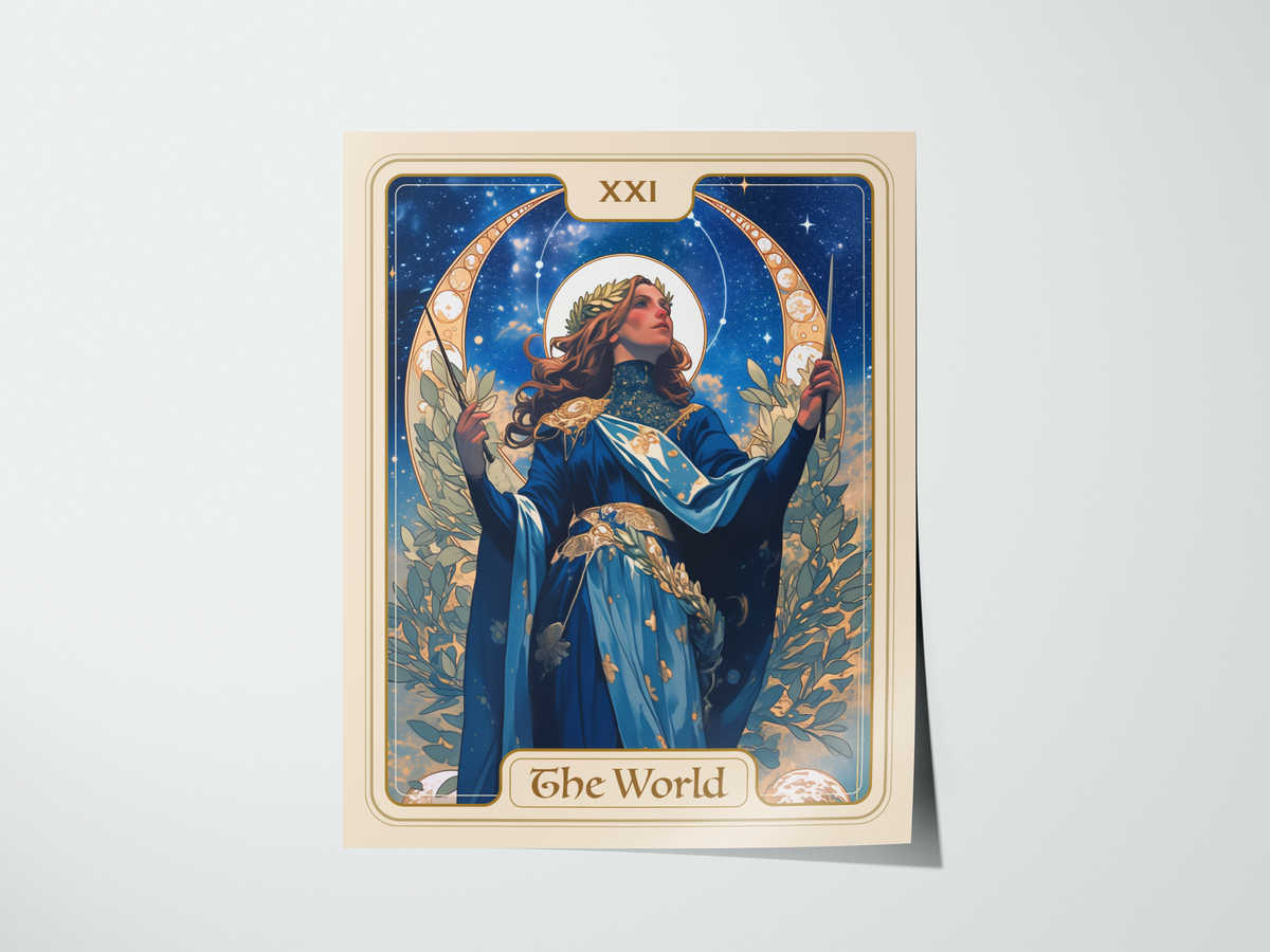 A beautifully illustrated tarot card titled The World, featuring a woman adorned in a flowing blue gown with gold accents. She stands amidst leafy branches, holding a wand, with a starry night sky and crescent moons in the background.