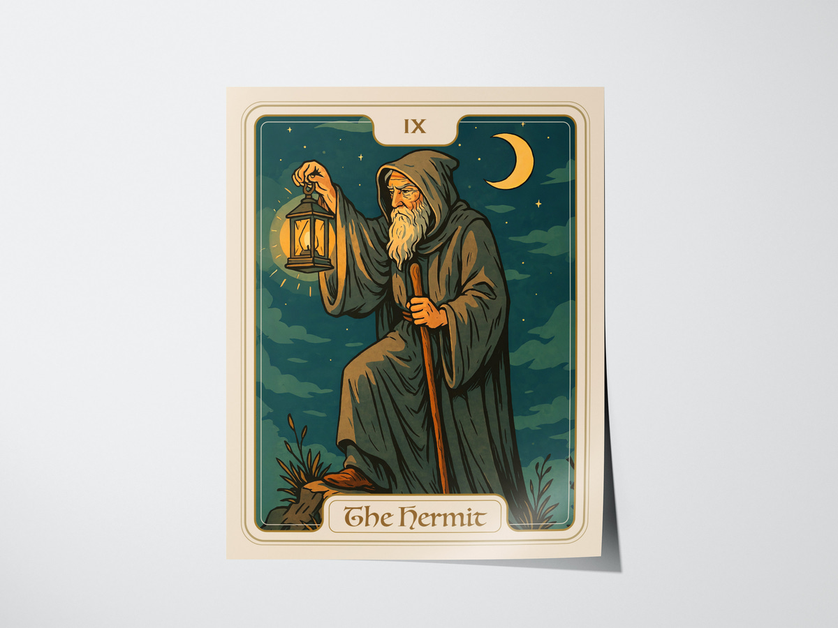 A vintage-style illustration of The Hermit tarot card, featuring a wise old man in a dark cloak holding a lantern and a staff. He stands on a rocky path under a crescent moon and starry night sky, symbolizing introspection and guidance.