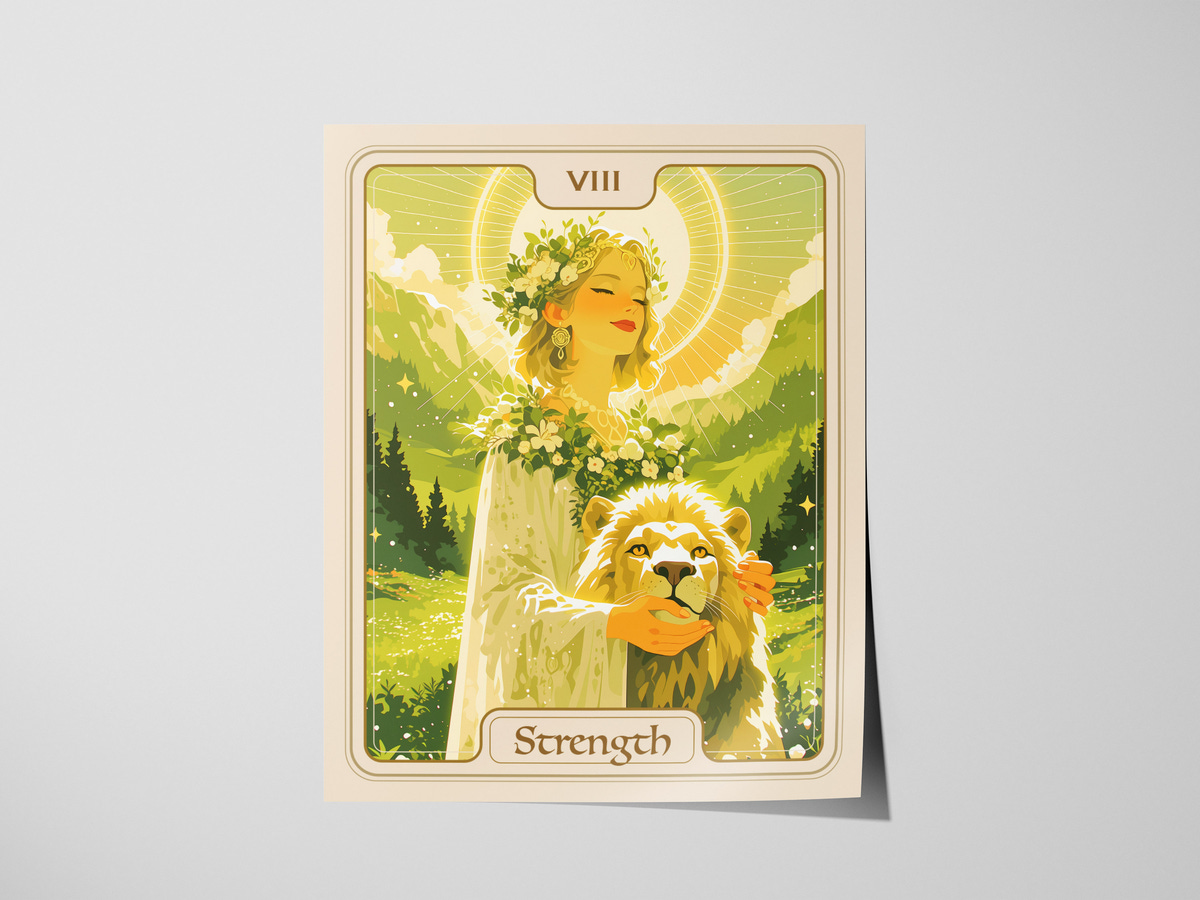 A serene illustration featuring a woman with long, flowing hair adorned with flowers, gently holding a lions mane. She stands in a lush, green landscape with mountains in the background, exuding a sense of calm strength and harmony.