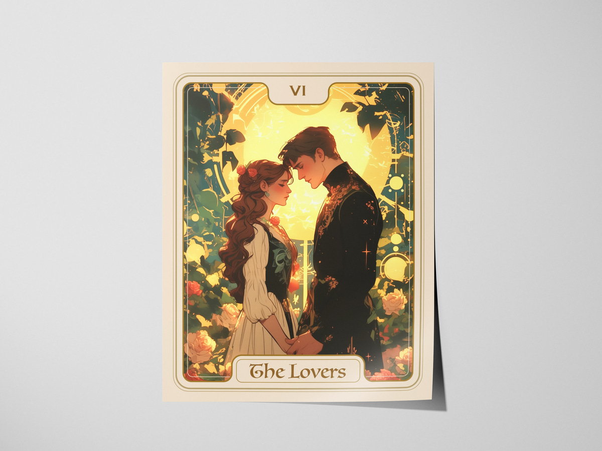 A beautifully illustrated tarot card titled The Lovers, featuring a romantic scene of a couple standing close together, framed by lush greenery and blooming roses.