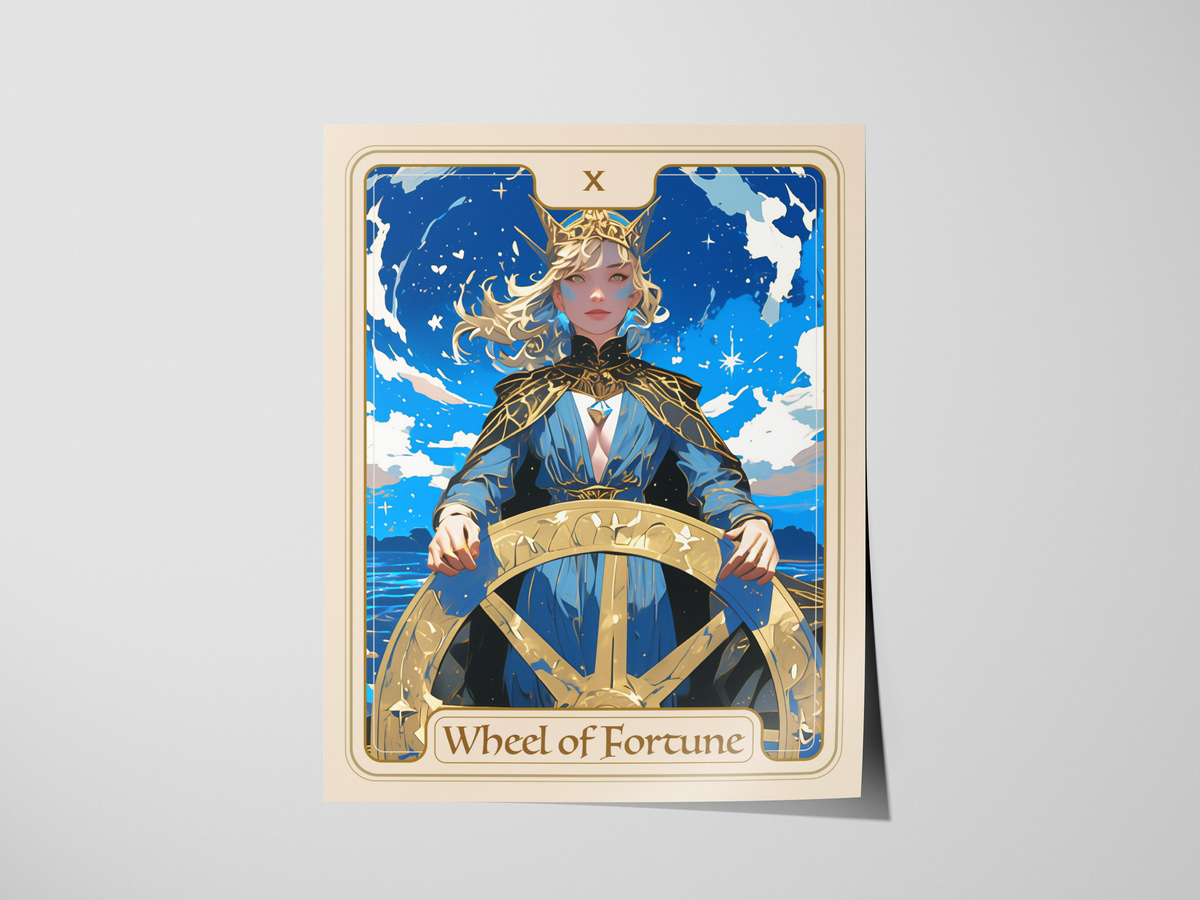 An illustrated card featuring a regal figure with flowing blonde hair, wearing a blue gown and a crown, steering a golden wheel against a vibrant blue sky filled with stars. The card is titled Wheel of Fortune at the bottom.