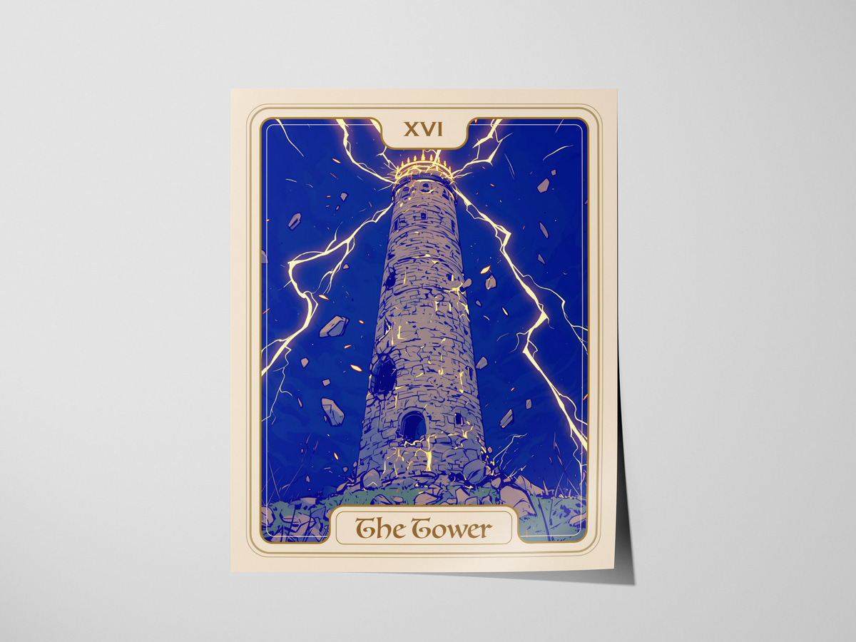 A vibrant illustration of a tall, stone tower amidst a storm, with dramatic lightning striking around it.