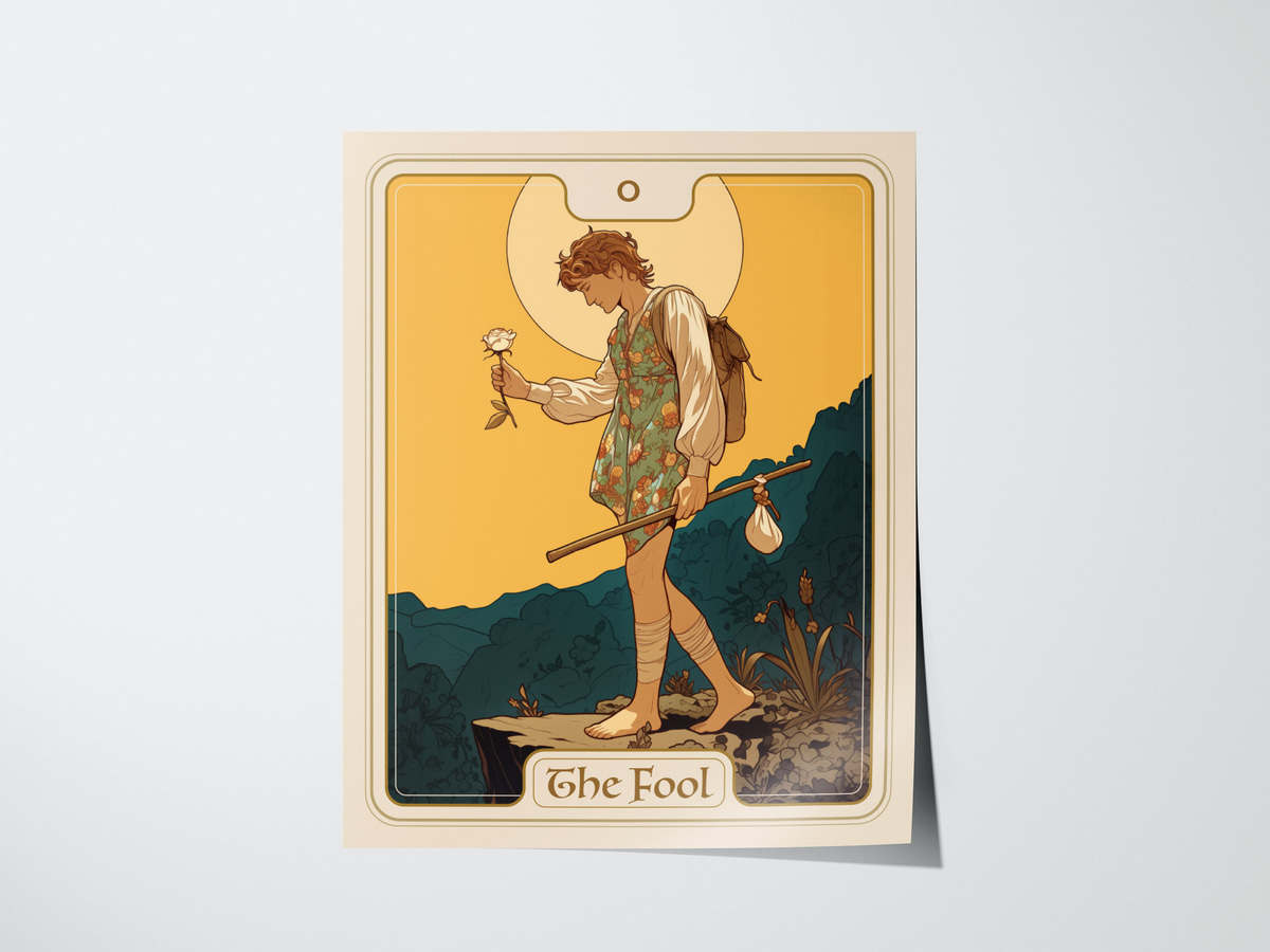 A whimsical illustration of a young man named The Fool, dressed in a floral outfit and holding a flower, stands on a rocky ledge. He carries a small bag on a stick and walks towards the horizon, under a large, glowing sun.
