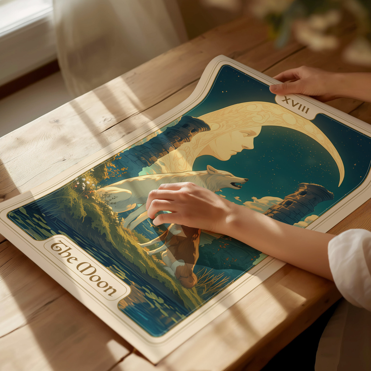 A person gently holds a beautifully illustrated poster titled The Moon, featuring a serene moonlit scene with a woman’s profile and two wolves by a tranquil water body.