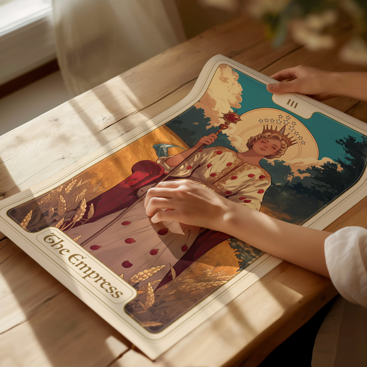 A person gently touches a tarot card featuring a regal figure, The Empress, adorned in a white gown with red polka dots and a crown, set against a vibrant background of blue skies and fluffy clouds.