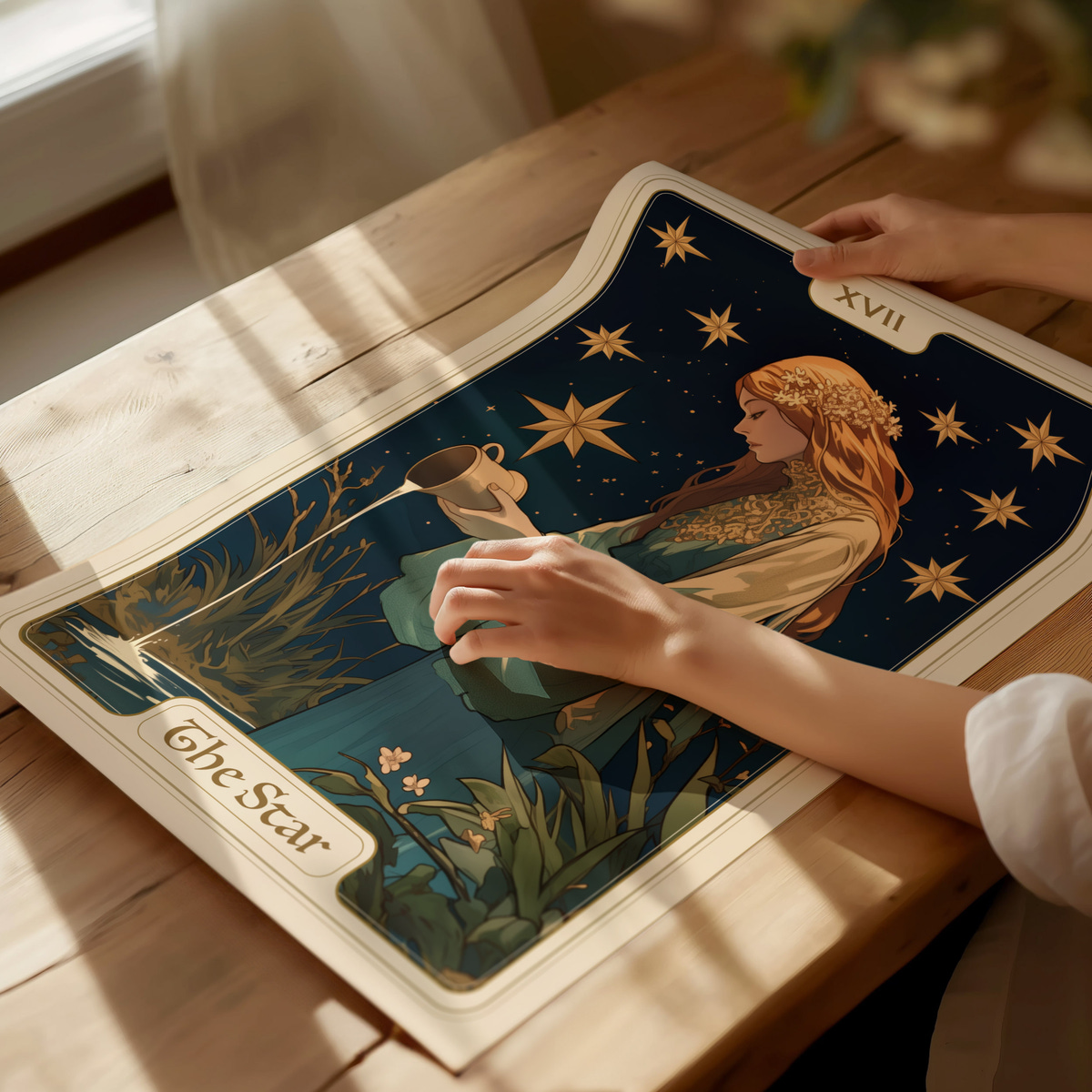 A person gently holds a tarot card titled The Star, featuring a serene figure seated by a body of water, surrounded by stars and lush greenery. Soft natural light illuminates the scene, enhancing the cards intricate artwork.