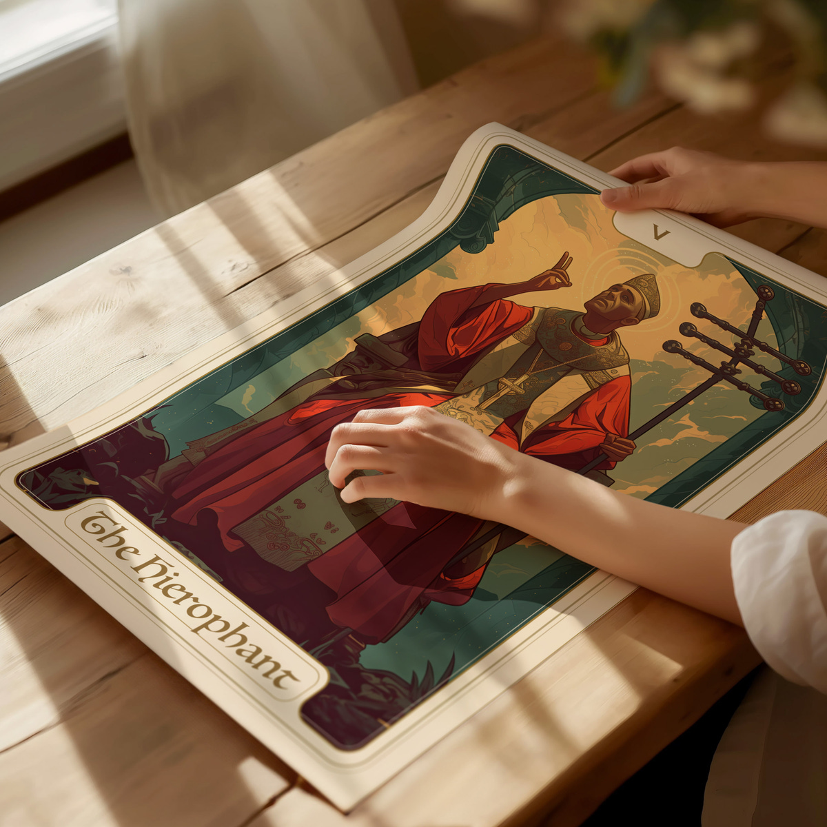 A person gently touches a vibrant illustrated card featuring a figure in ceremonial robes, symbolizing The Hierophant. The card is set on a wooden table, surrounded by soft natural lighting, creating a warm atmosphere.