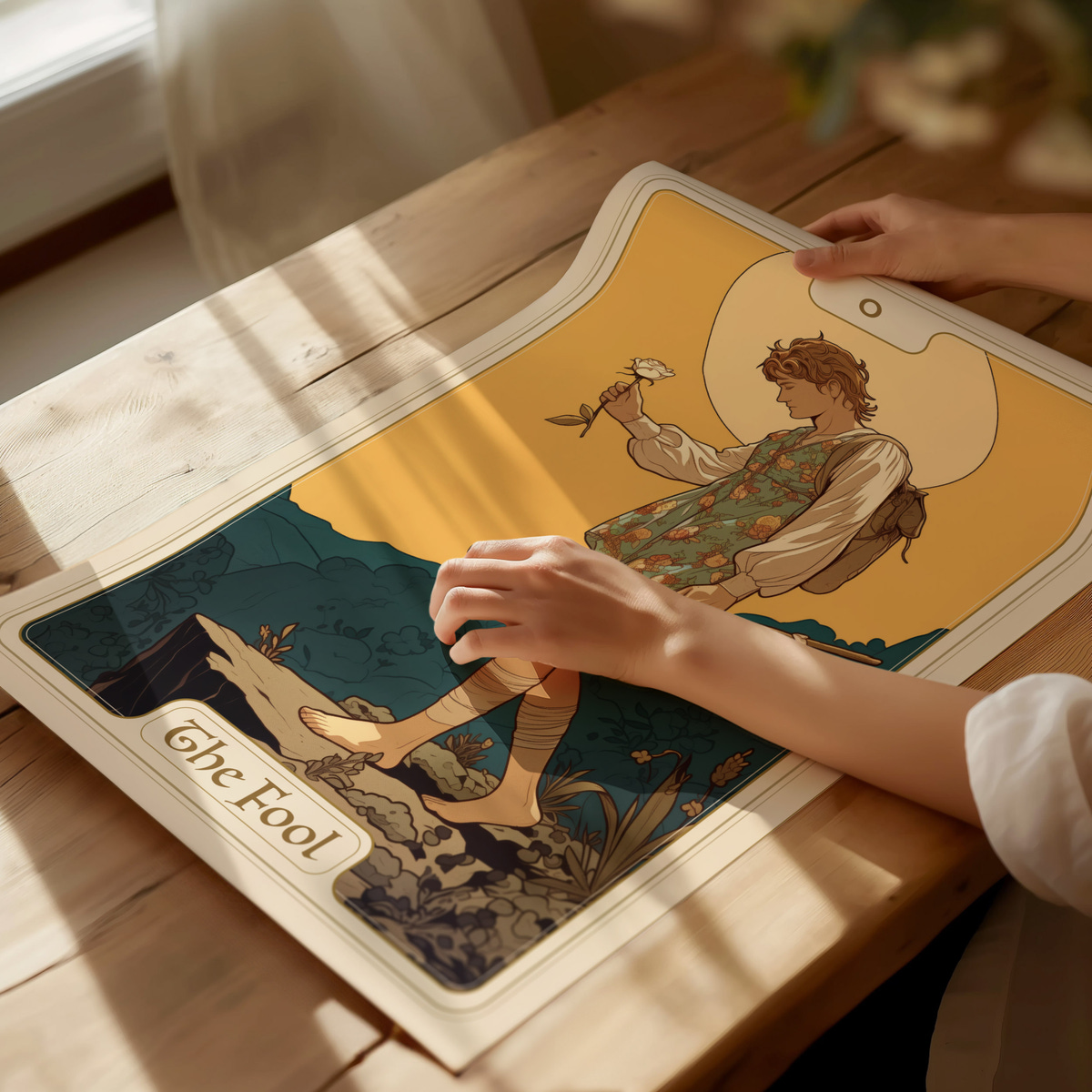 A person gently touches a colorful art print titled The Fool, depicting a figure holding a flower and standing on rocks, surrounded by plants. The warm background features a sun and soft pastel colors, creating a serene atmosphere.