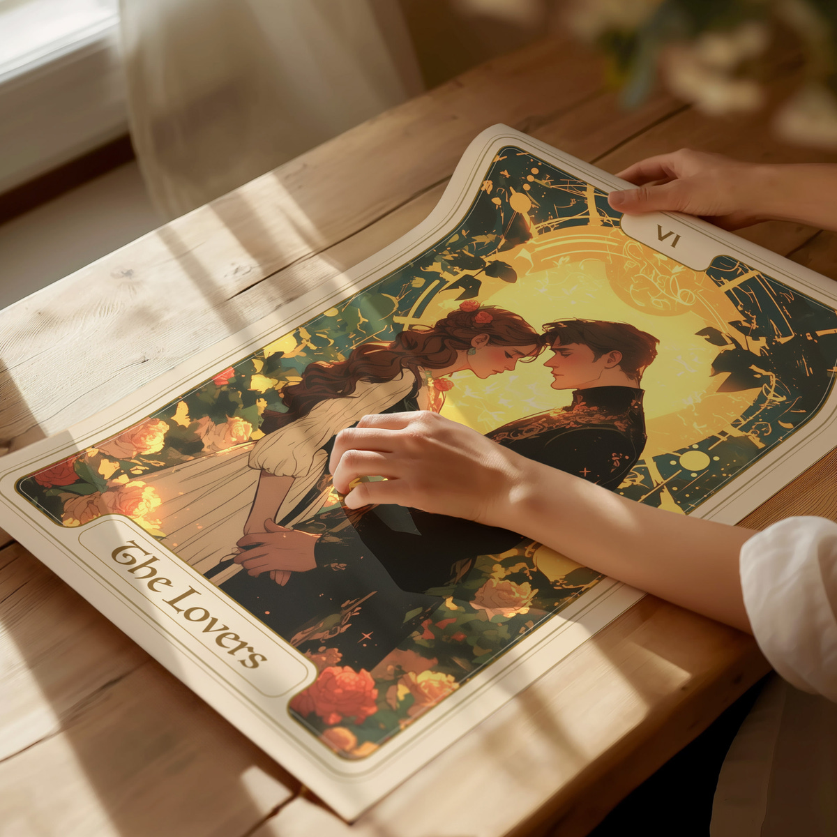 A person gently touches an illustrated tarot card titled The Lovers, featuring a couple gazing into each others eyes amidst a backdrop of flowers and soft golden light. The scene is set on a wooden table with natural lighting.