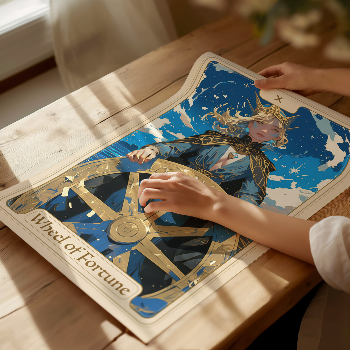 A person is gently touching a large, illustrated poster of a Wheel of Fortune, featuring a character adorned in a crown and a flowing cape against a starry sky backdrop.
