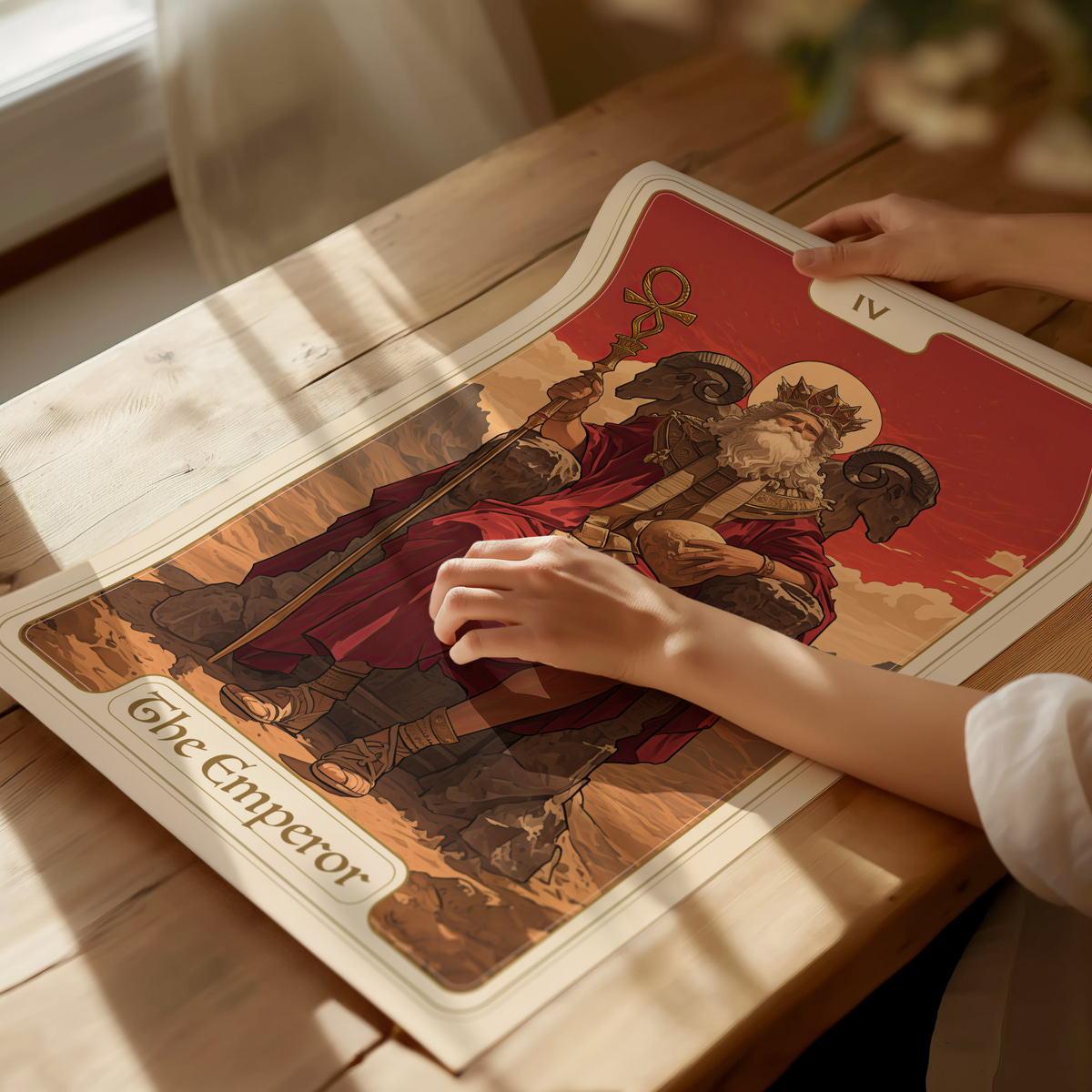 A person gently touches a large illustration of The Emperor tarot card, featuring a regal figure seated on a throne adorned with ram heads. The background has a warm, reddish hue, and the card is placed on a wooden table.