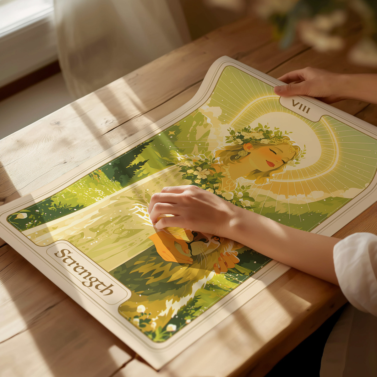 A person gently touches a colorful tarot card labeled “Strength,” which features a serene figure surrounded by lush greenery and soft light. The setting includes a wooden table and natural sunlight filtering through a window.