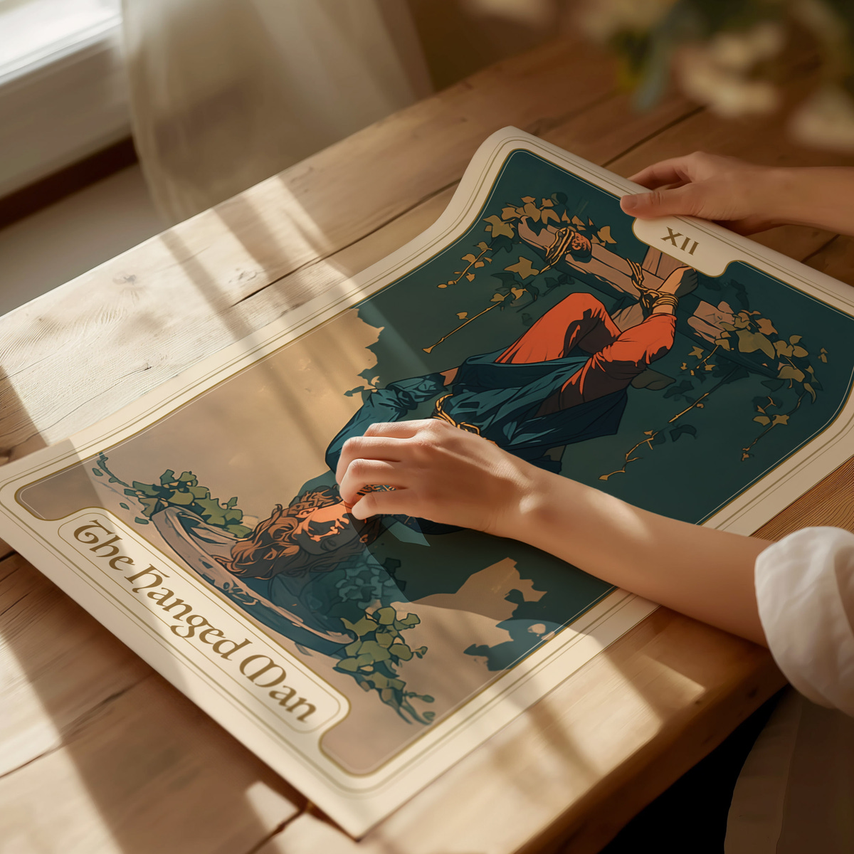 A person’s hand is gently touching a stylized illustration of The Hanged Man tarot card, featuring a figure suspended upside down among green foliage. The artwork is displayed on a wooden table with soft natural lighting.