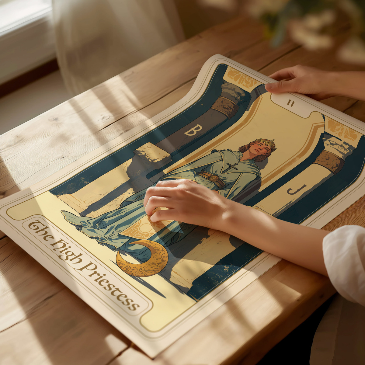 A person gently touches a tarot card featuring The High Priestess, illustrated with a serene figure draped in blue. The card is placed on a wooden table, surrounded by soft natural light, enhancing the tranquil atmosphere.