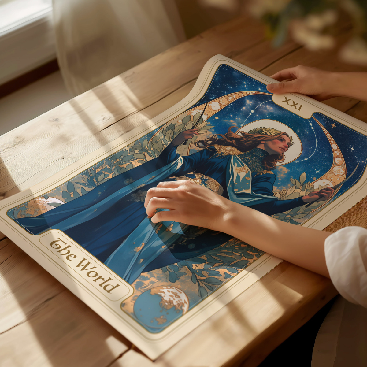 A person gently touches an illustrated tarot card titled The World, featuring a woman adorned in a blue robe with a crown, surrounded by celestial elements and foliage. The card is placed on a wooden table.