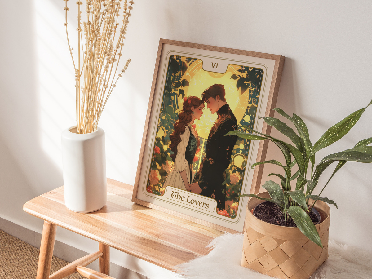 A framed art print titled The Lovers features a romantic illustration of a couple embracing in a lush garden setting, surrounded by vibrant flowers and greenery.
