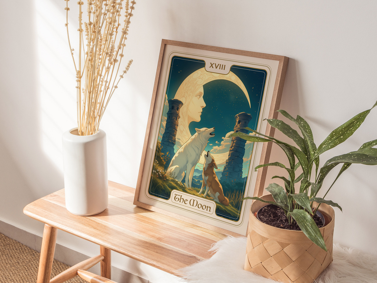 A framed art print titled The Moon features a silhouette of a woman and two white wolves against a starry night sky.