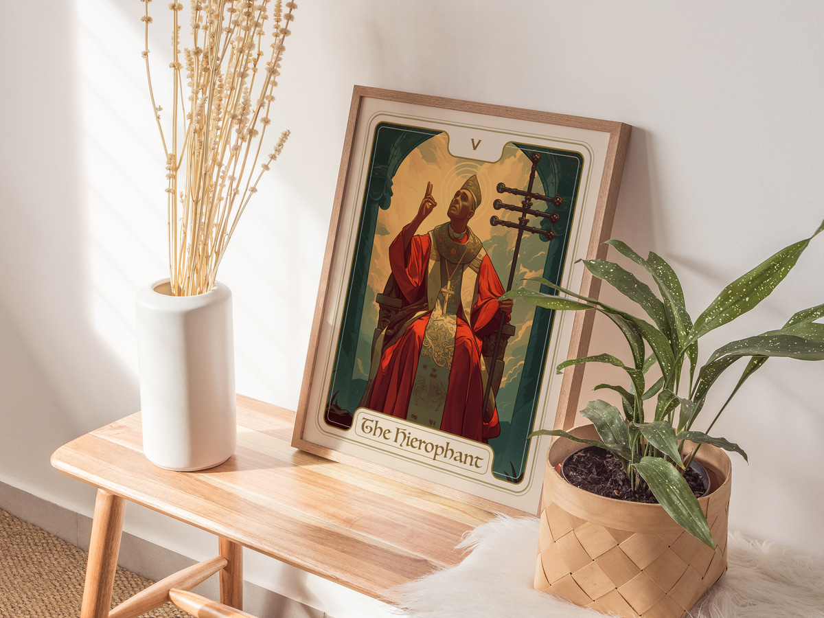 A framed illustration of The Hierophant tarot card features a figure in a red robe, seated on a throne with three stylized pillars behind.