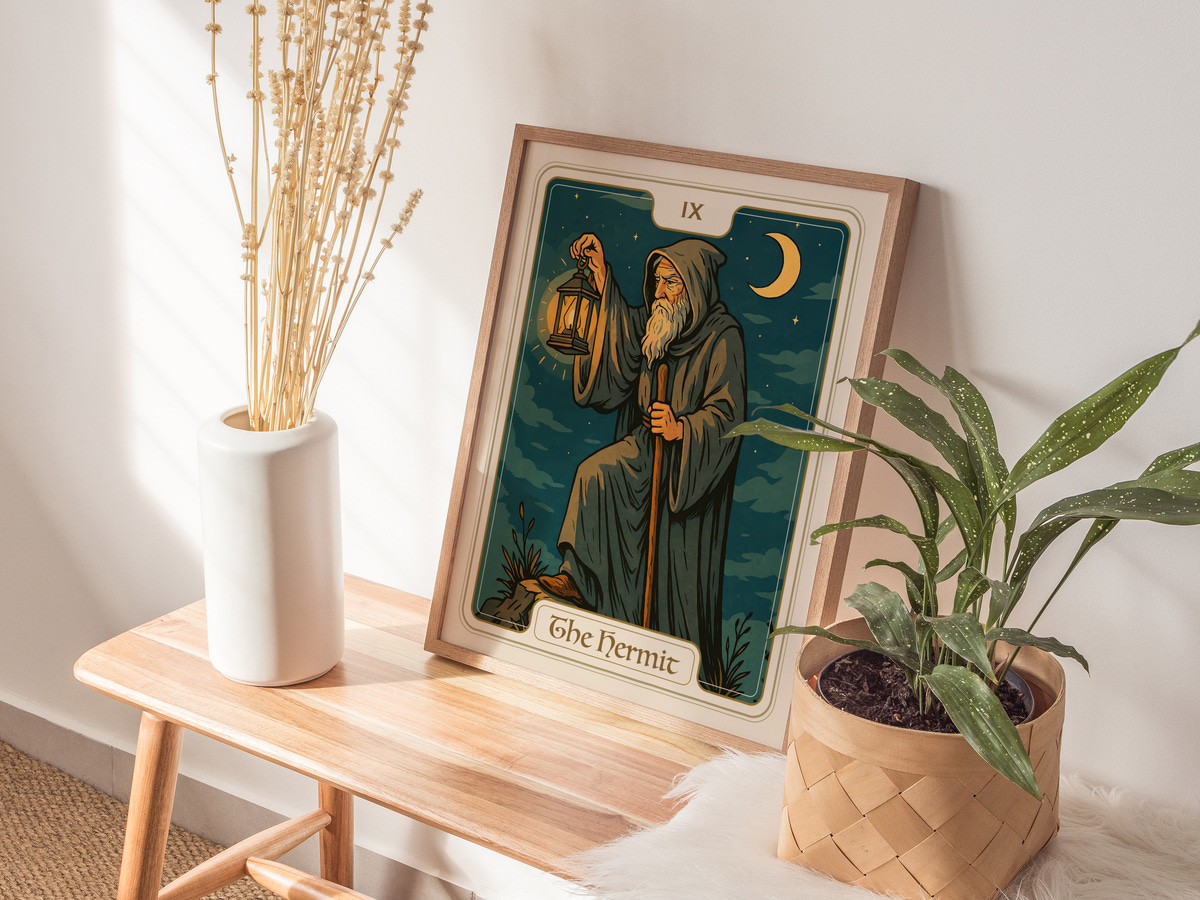 A framed artwork titled The Hermit depicts a cloaked figure holding a lantern, standing on a rocky outcropping with a crescent moon in the background.