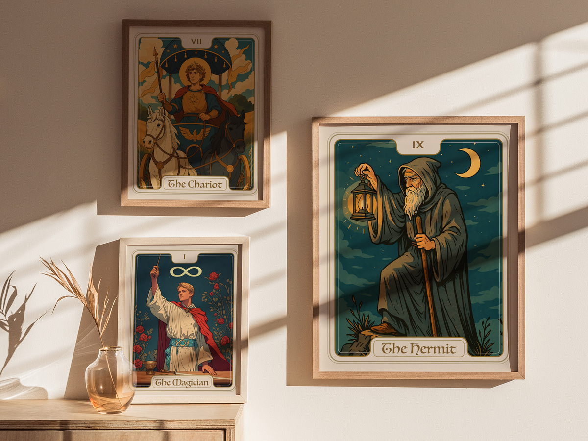 A well-lit wall displays three framed tarot cards: The Chariot, featuring a figure on a horse, The Magician, showcasing a man with a staff, and The Hermit, depicting an elderly man holding a lantern against a night sky backdrop.