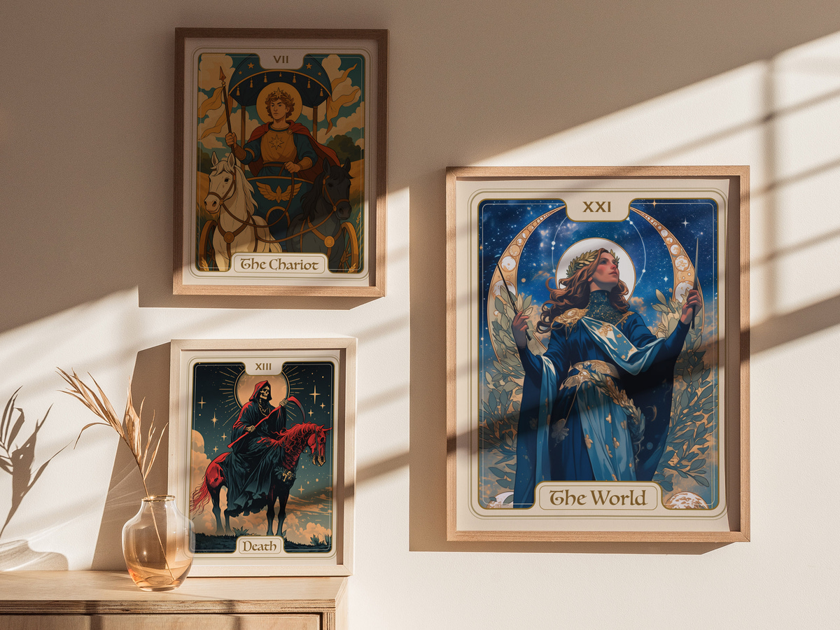 A cozy interior scene featuring three framed tarot cards on a light-colored wall. The prominent card titled The World depicts a woman adorned in a starry cloak, surrounded by a celestial background, while The Chariot and Death cards.