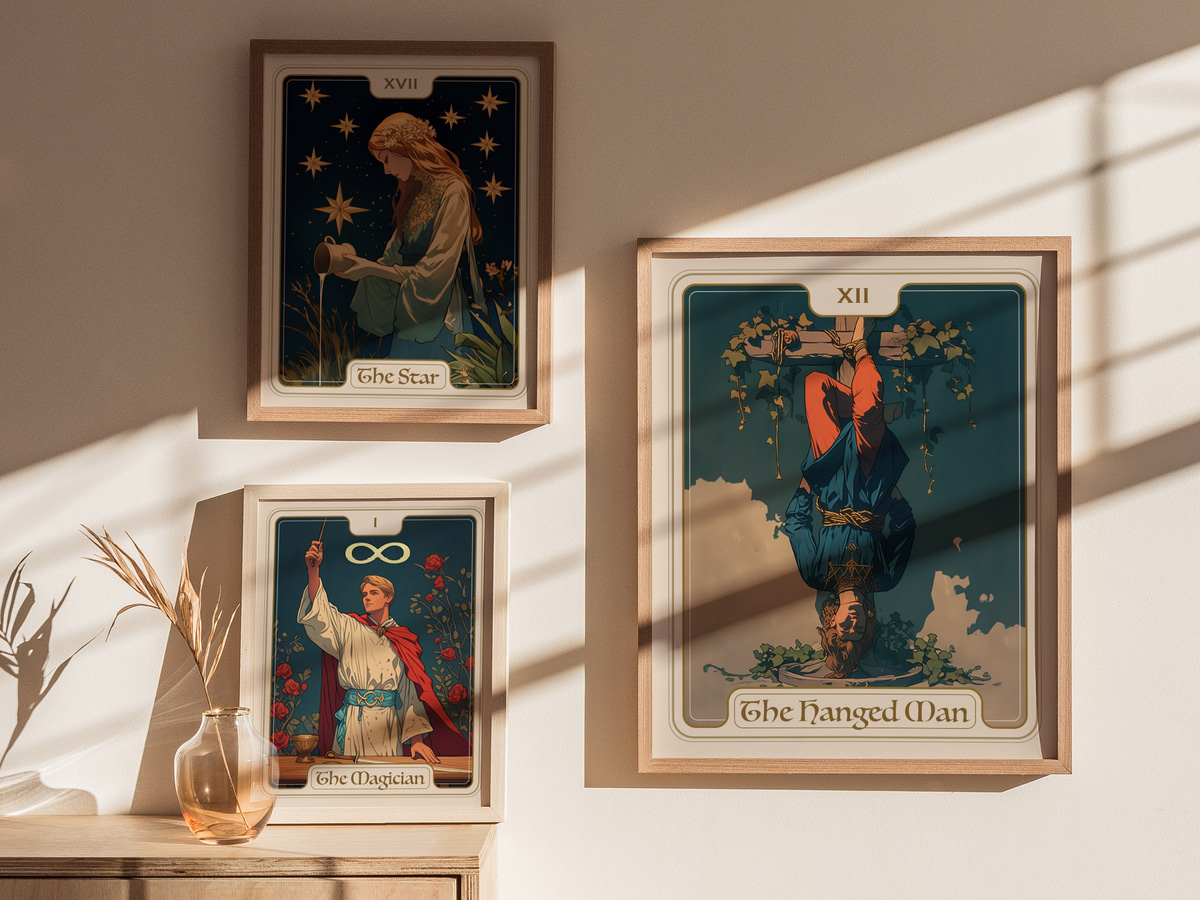 A bright room features three framed tarot card artworks on a wall. The central card, The Hanged Man, is depicted upside down, surrounded by two other cards, The Star and The Magician, with sunlight casting soft shadows across the scene.