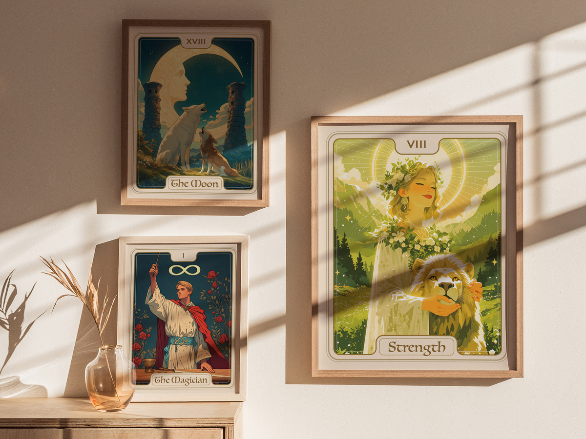 Three framed tarot card illustrations hang on a light-colored wall. The top card titled The Moon features a serene night scene, while the middle card Strength depicts a woman with a lion, and the bottom card The Magician shows.
