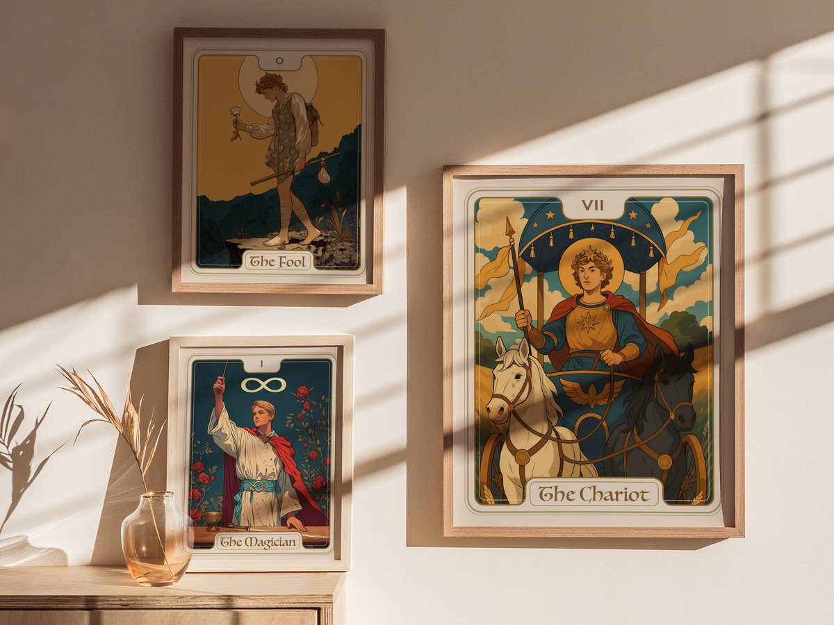 A cozy interior scene features three framed tarot cards on a wall. The card labeled The Chariot depicts a regal figure riding a horse, while The Fool and The Magician are also showcased, adding a mystical ambiance to the room.