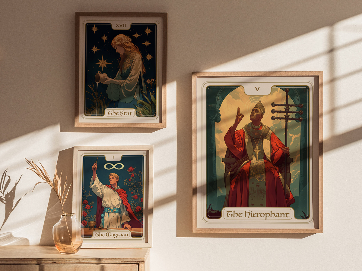 A cozy interior scene featuring three framed tarot card prints on a wall. The central card displays The Hierophant, depicting a figure in red robes seated on a throne, flanked by The Star and The Magician cards, with soft shadows cast.