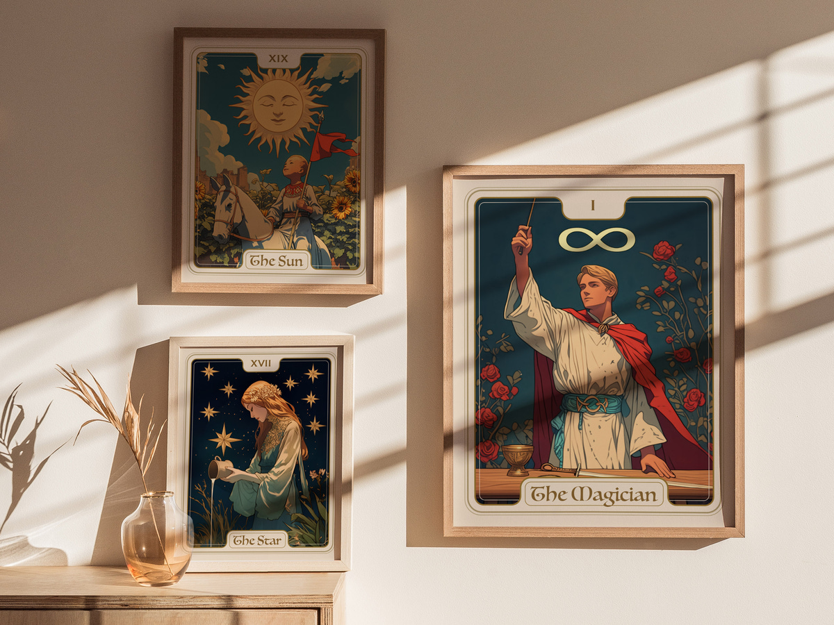 A bright interior scene featuring three framed tarot card illustrations on a wall. The cards include The Sun, The Star, and The Magician, with vibrant colors and intricate designs, illuminated by natural sunlight casting shadows.