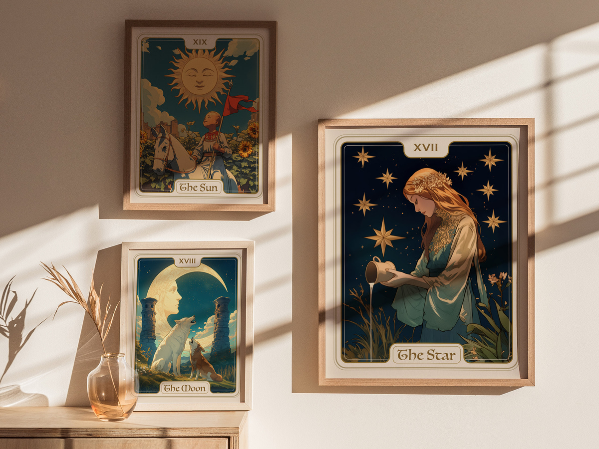 Three framed tarot cards hang on a light-colored wall, featuring intricate designs. The central card, titled The Star, depicts a woman in a serene pose, surrounded by a starry night sky, while the cards The Sun and The Moon are.