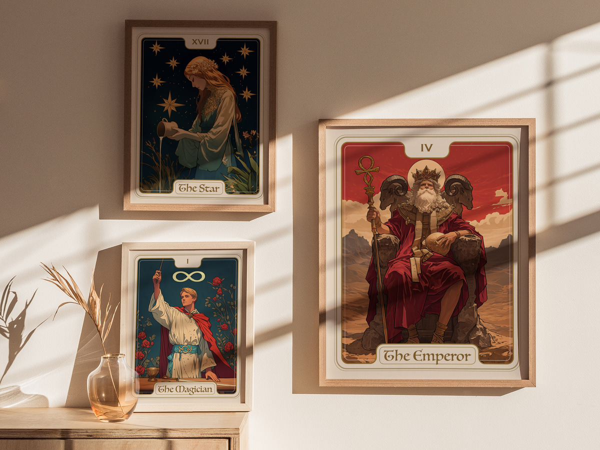 A well-lit room featuring three framed tarot card artworks on a light-colored wall. The central card, labeled The Emperor, depicts a regal figure seated on a throne, surrounded by mountains, while the other cards, The Star and.