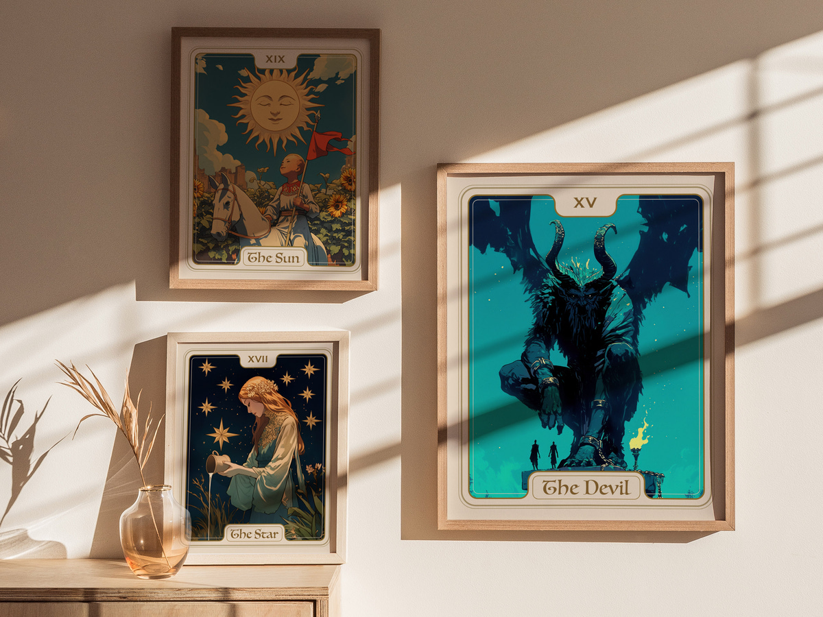 A modern interior scene featuring three framed tarot card prints on a light-colored wall. The card titled The Devil depicts a dark figure with horns and wings, while The Sun shows a bright sun with a person, and The Star features.