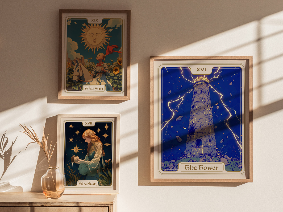 A bright, sunlit room features three framed tarot cards on the wall: The Sun, depicting a joyful figure with a sun, The Star, showing a serene woman surrounded by stars, and The Tower, illustrating a tower struck by lightning.